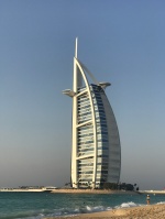 A view of the iconic sail shaped Burj Al Arab from the beach at Madinat Jumeriah.